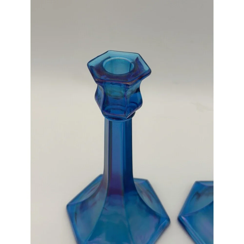 Fenton Florentine Celeste Blue Iridescent Carnival Art Glass Candle Sticks